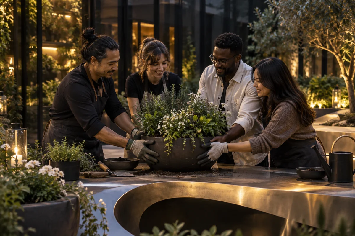 Adults tending a shared community garden together