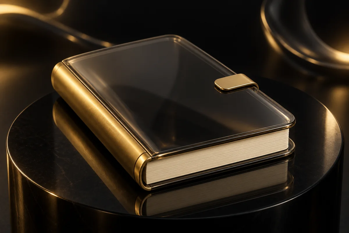 A closed gold and glass notebook representing private records