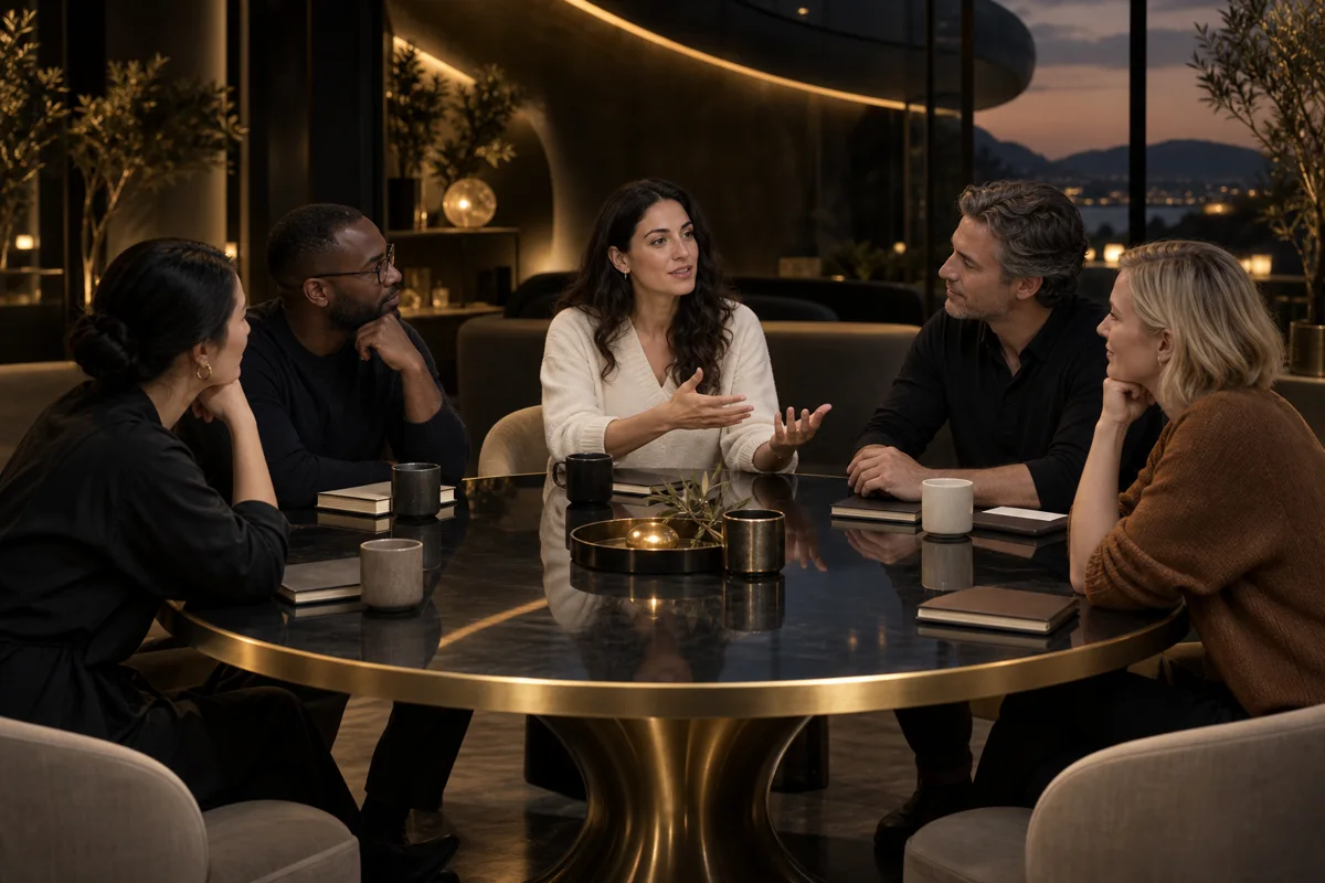 Adults discussing shared rules around a table