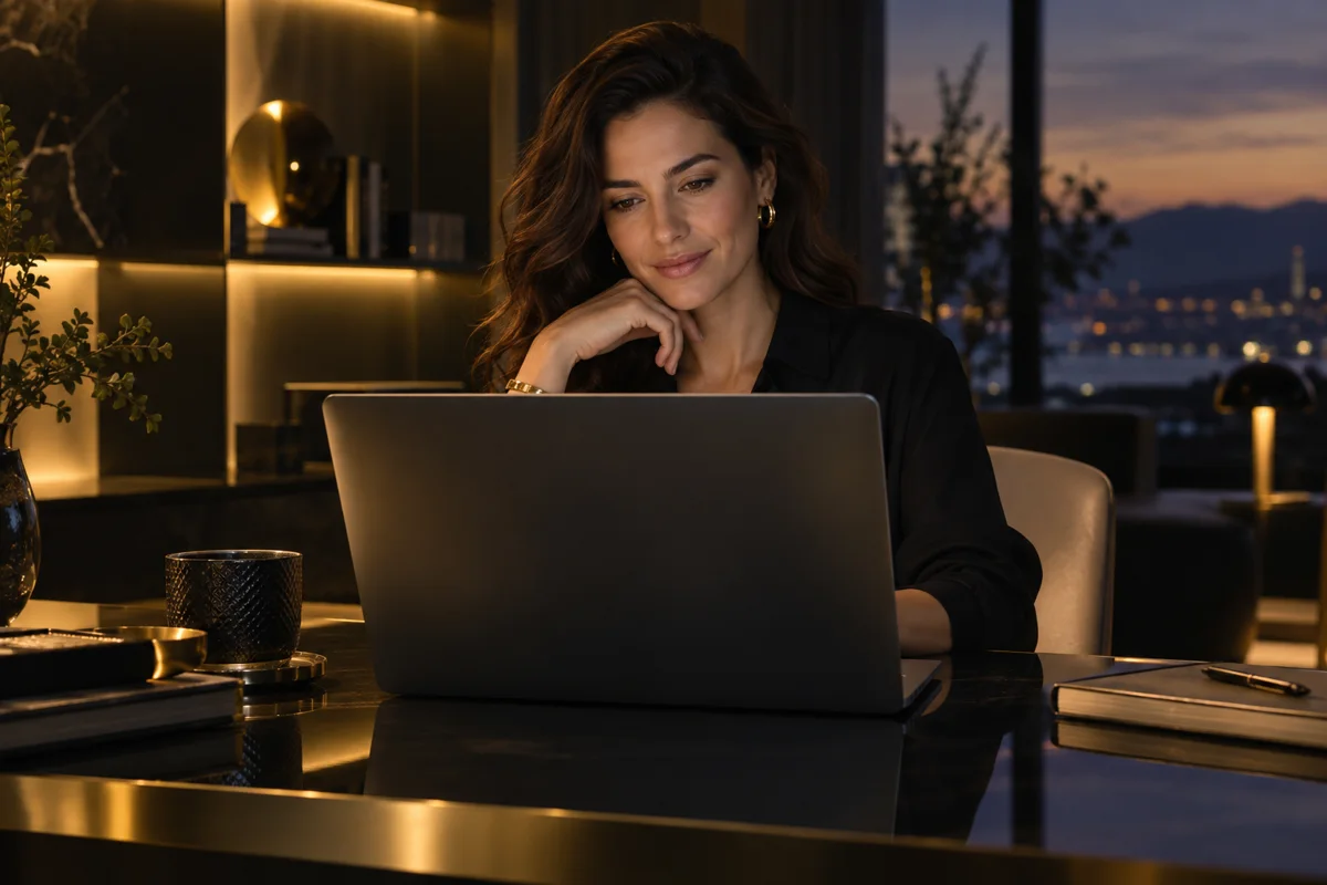 An adult reviewing a device, with its screen facing away from view
